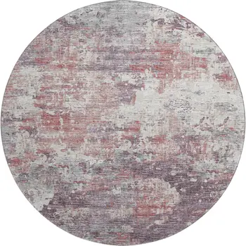8' Pink Ivory And Gray Abstract Washable Round Rug With UV Protection