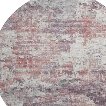 8' Pink Ivory And Gray Abstract Washable Round Rug With UV Protection