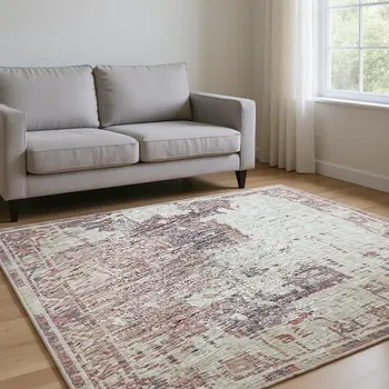 8' X 10' Pink Ivory And Gray Abstract Washable Area Rug With UV Protection