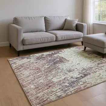 9' X 12' Pink Ivory And Gray Abstract Washable Area Rug With UV Protection