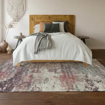 10' X 14' Pink Ivory And Gray Abstract Washable Area Rug With UV Protection