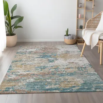 3' X 5' Teal Blue Ivory And Copper Abstract Washable Area Rug With UV Protection