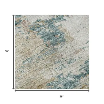 3' X 5' Teal Blue Ivory And Copper Abstract Washable Area Rug With UV Protection