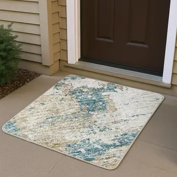 3' X 5' Teal Blue Ivory And Copper Abstract Washable Area Rug With UV Protection
