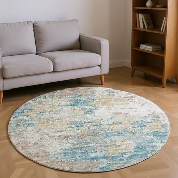8' Teal Blue Ivory And Copper Abstract Washable Round Rug With UV Protection