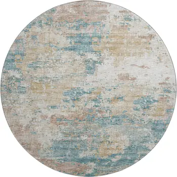 8' Teal Blue Ivory And Copper Abstract Washable Round Rug With UV Protection