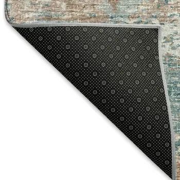 8' Teal Blue Ivory And Copper Abstract Washable Round Rug With UV Protection