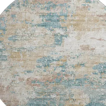 8' Teal Blue Ivory And Copper Abstract Washable Round Rug With UV Protection