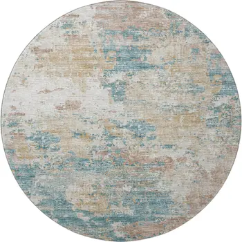 8' Teal Blue Ivory And Copper Abstract Washable Round Rug With UV Protection