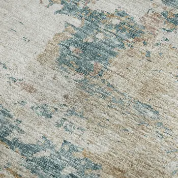8' X 10' Teal Blue Ivory And Copper Abstract Washable Area Rug With UV Protection