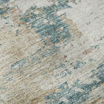 8' X 10' Teal Blue Ivory And Copper Abstract Washable Area Rug With UV Protection