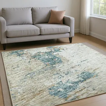 9' X 12' Teal Blue Ivory And Copper Abstract Washable Area Rug With UV Protection