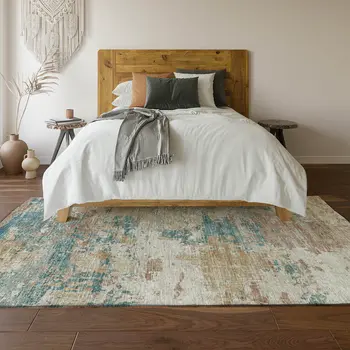 9' X 12' Teal Blue Ivory And Copper Abstract Washable Area Rug With UV Protection