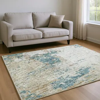 10' X 14' Teal Blue Ivory And Copper Abstract Washable Area Rug With UV Protection