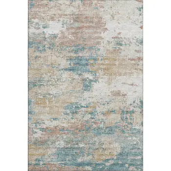 10' X 14' Teal Blue Ivory And Copper Abstract Washable Area Rug With UV Protection