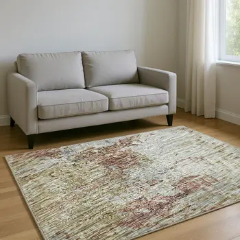 5' X 8' Silver Mauve And Gold Abstract Washable Area Rug With UV Protection