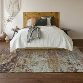 5' X 8' Silver Mauve And Gold Abstract Washable Area Rug With UV Protection