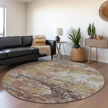 8' Silver Mauve And Gold Abstract Washable Round Rug With UV Protection