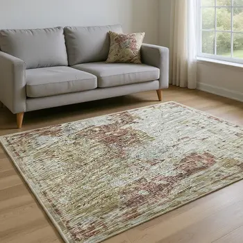 8' X 10' Silver Mauve And Gold Abstract Washable Area Rug With UV Protection