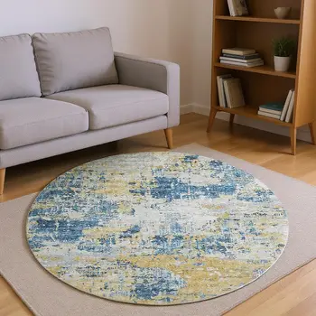 8' Blue Ivory And Gold Abstract Washable Round Rug With UV Protection