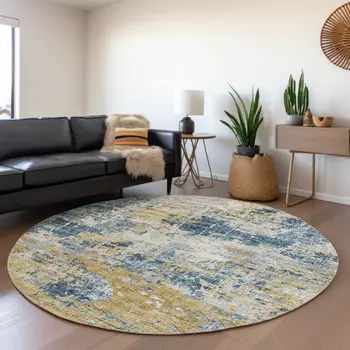 8' Blue Ivory And Gold Abstract Washable Round Rug With UV Protection