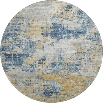 8' Blue Ivory And Gold Abstract Washable Round Rug With UV Protection