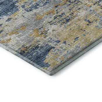 8' Blue Ivory And Gold Abstract Washable Round Rug With UV Protection