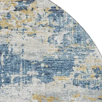 8' Blue Ivory And Gold Abstract Washable Round Rug With UV Protection
