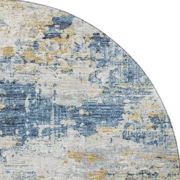 8' Blue Ivory And Gold Abstract Washable Round Rug With UV Protection