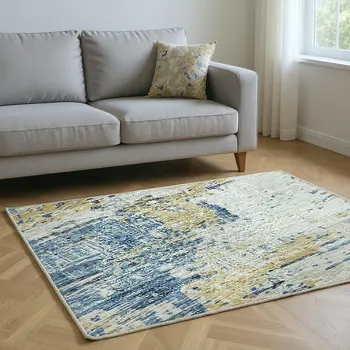 8' X 10' Blue Ivory And Gold Abstract Washable Area Rug With UV Protection
