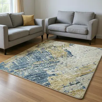 9' X 12' Blue Ivory And Gold Abstract Washable Area Rug With UV Protection