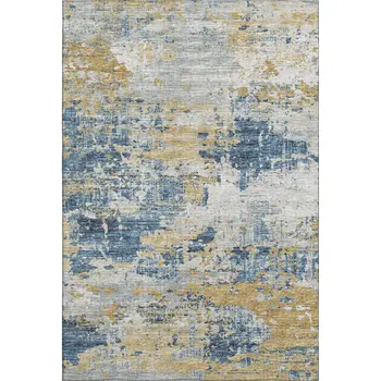 9' X 12' Blue Ivory And Gold Abstract Washable Area Rug With UV Protection