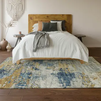 9' X 12' Blue Ivory And Gold Abstract Washable Area Rug With UV Protection