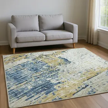 10' X 14' Blue Ivory And Gold Abstract Washable Area Rug With UV Protection