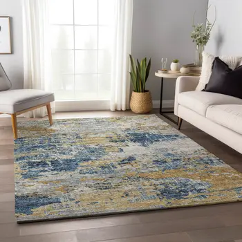 10' X 14' Blue Ivory And Gold Abstract Washable Area Rug With UV Protection