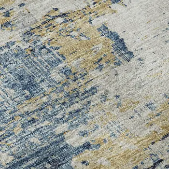 10' X 14' Blue Ivory And Gold Abstract Washable Area Rug With UV Protection