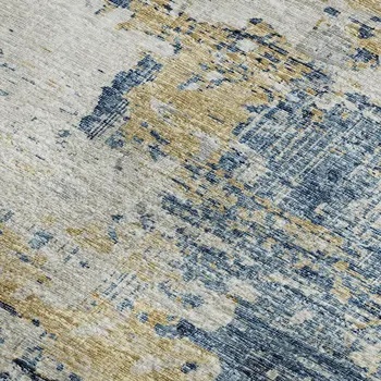 10' X 14' Blue Ivory And Gold Abstract Washable Area Rug With UV Protection