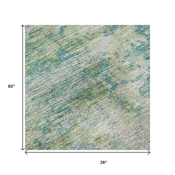 3' X 5' Green Ivory And Teal Blue Abstract Washable Area Rug With UV Protection