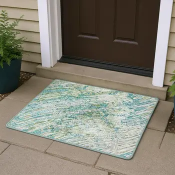 3' X 5' Green Ivory And Teal Blue Abstract Washable Area Rug With UV Protection