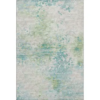 5' X 8' Green Ivory And Teal Blue Abstract Washable Area Rug With UV Protection