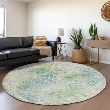 8' Green Ivory And Teal Blue Abstract Washable Round Rug With UV Protection
