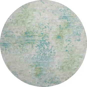 8' Green Ivory And Teal Blue Abstract Washable Round Rug With UV Protection