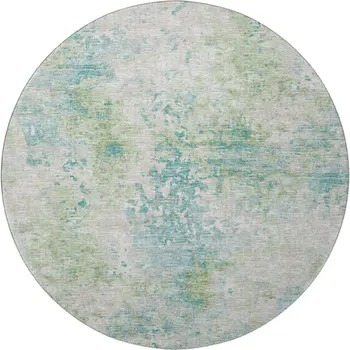 8' Green Ivory And Teal Blue Abstract Washable Round Rug With UV Protection