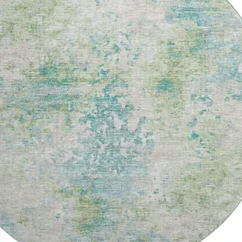 8' Green Ivory And Teal Blue Abstract Washable Round Rug With UV Protection
