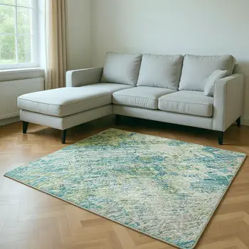 8' X 10' Green Ivory And Teal Blue Abstract Washable Area Rug With UV Protection