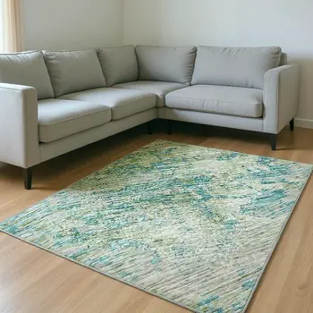 9' X 12' Green Ivory And Teal Blue Abstract Washable Area Rug With UV Protection