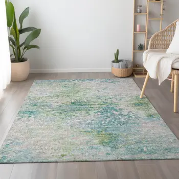 9' X 12' Green Ivory And Teal Blue Abstract Washable Area Rug With UV Protection