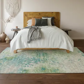 9' X 12' Green Ivory And Teal Blue Abstract Washable Area Rug With UV Protection