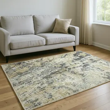 5' X 8' Midnight Ivory And Beige Abstract Washable Area Rug With UV Protection