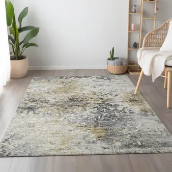 5' X 8' Midnight Ivory And Beige Abstract Washable Area Rug With UV Protection